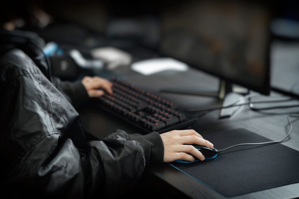 A woman playing a computer game.
